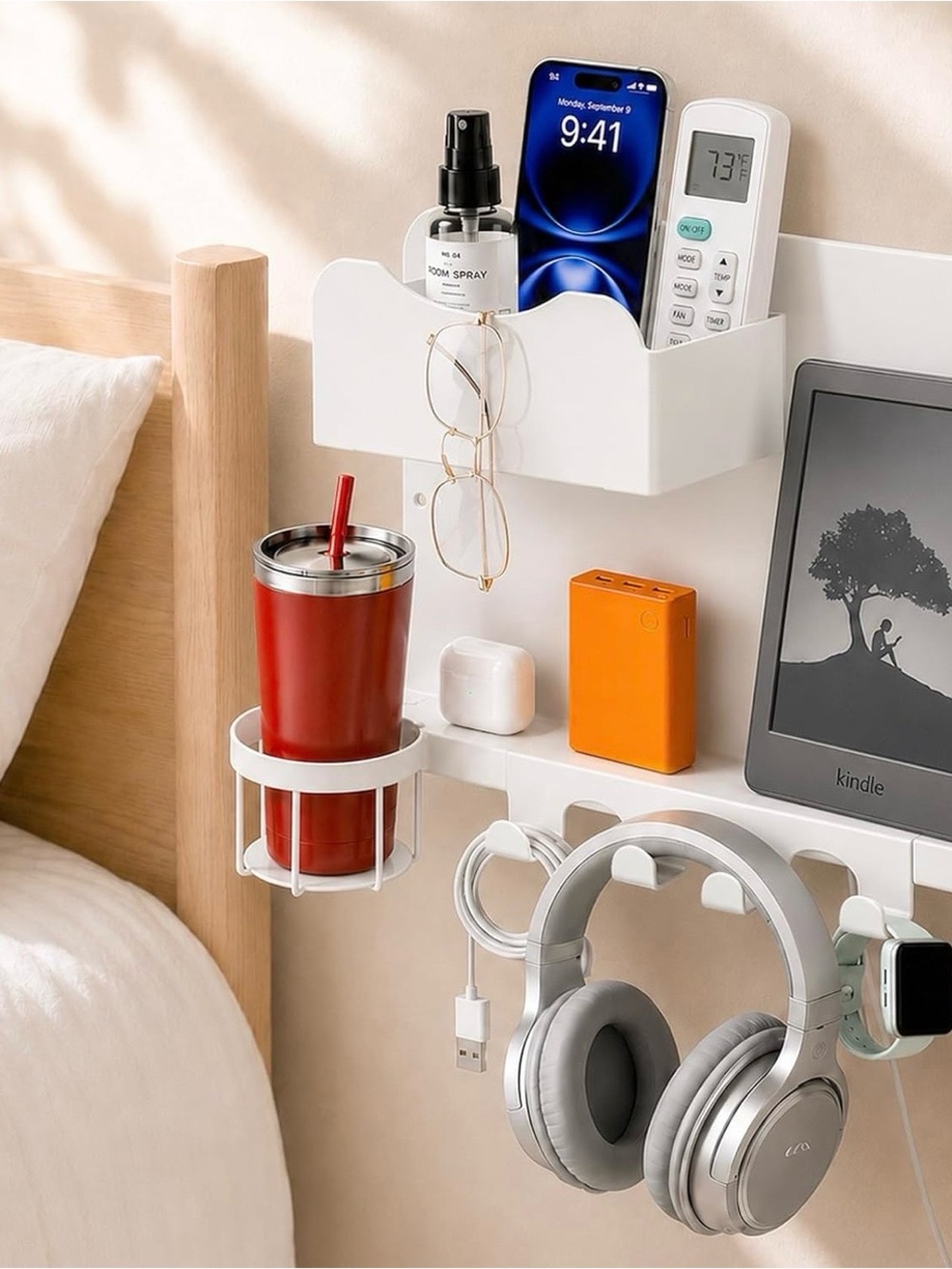 Metal Bedside Wall Organizer Shelf with Cup Holder
